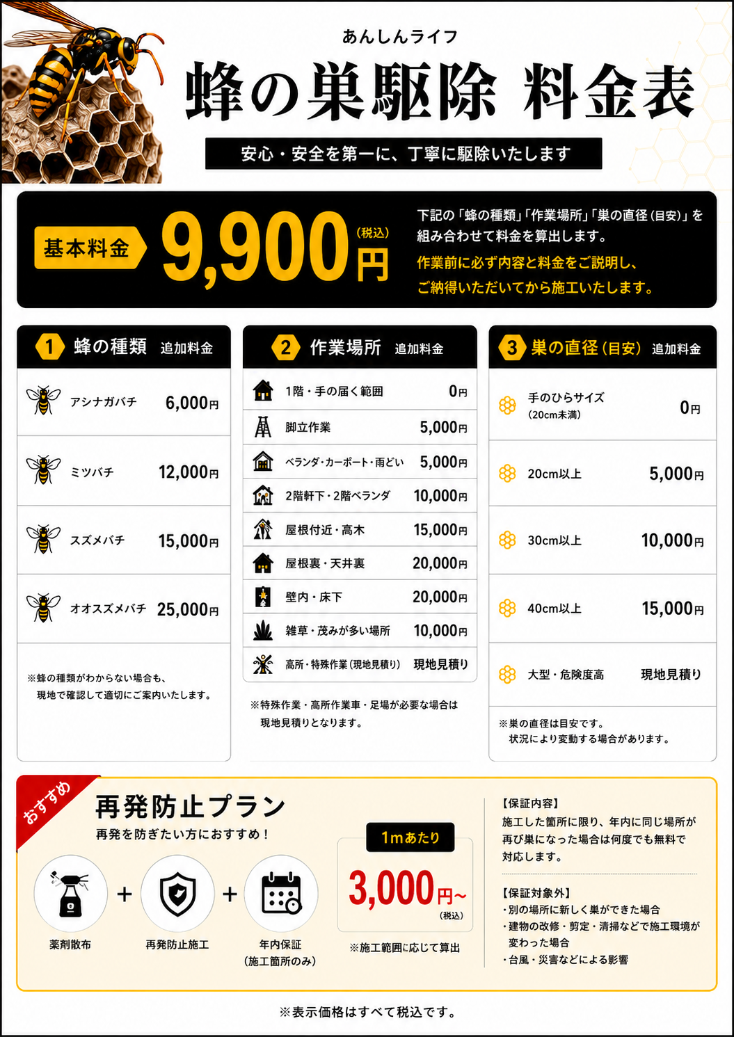 蜂の巣駆除の料金表です。基本料金9,900円（税込）をもとに、蜂の種類・作業場所・巣の大きさに応じて料金を算出します。作業前に必ず内容と料金をご説明し、ご納得いただいてから施工いたします。の画像